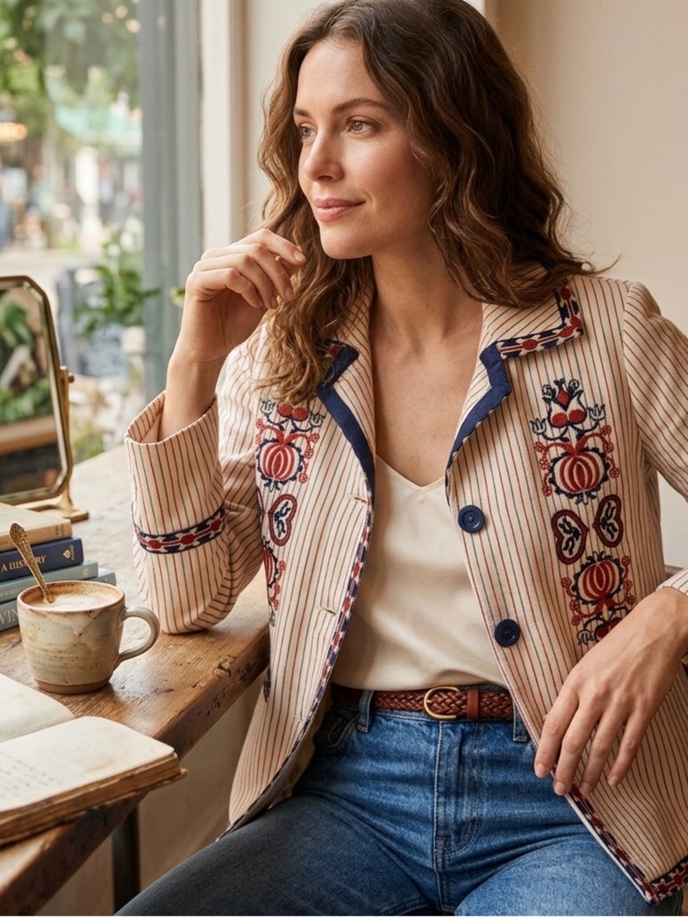 Max Studio London Natalie Embroidered Blazer Jacket L Large Cream Red Boho Folk - Picture 4 of 13